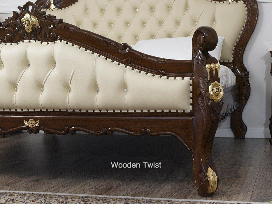 Teak Wood Queen Size Bed Hand Carved With Cushioned Design - WoodenTwist