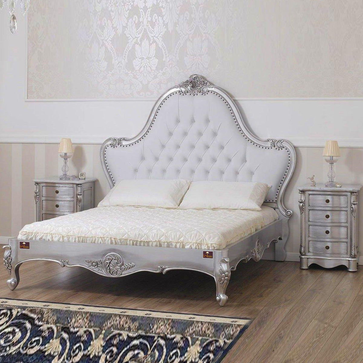 Silver Queen Size Teak Wood Bed Hand Carved with Cushioned Design - WoodenTwist