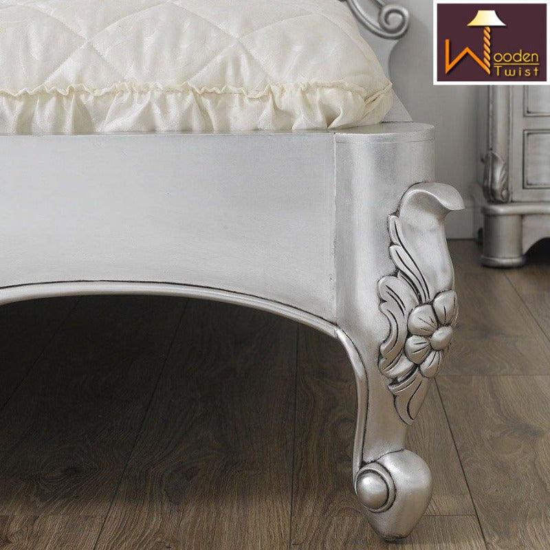 Silver Queen Size Teak Wood Bed Hand Carved with Cushioned Design - WoodenTwist