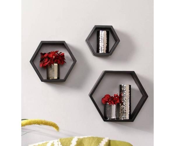 Hexagonal Shape Wooden Floating Wall Shelves Set of 3 - WoodenTwist