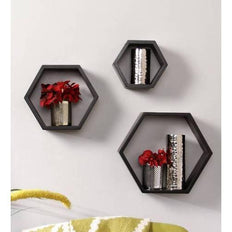 Hexagonal Shape Wooden Floating Wall Shelves Set of 3 - WoodenTwist