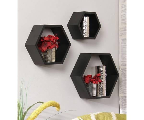 Hexagonal Shape Wooden Floating Wall Shelves Set of 3 - WoodenTwist