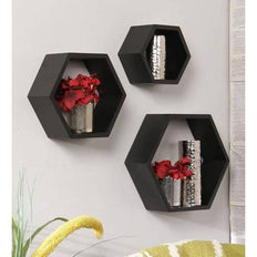 Hexagonal Shape Wooden Floating Wall Shelves Set of 3 - WoodenTwist