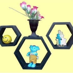 Hexagonal Shape Wooden Floating Wall Shelves Set of 3 - WoodenTwist