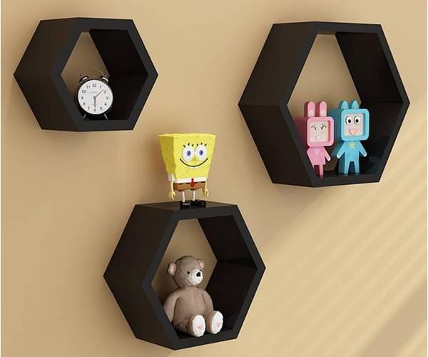 Hexagonal Shape Wooden Floating Wall Shelves Set of 3 - WoodenTwist