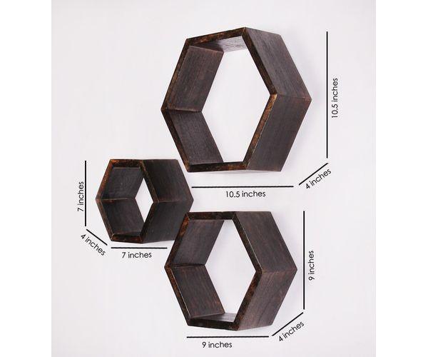 Hexagonal Shape Wooden Floating Wall Shelves Set of 3 - WoodenTwist