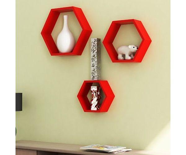 Hexagonal Shape Wooden Floating Wall Shelves Set of 3 - WoodenTwist