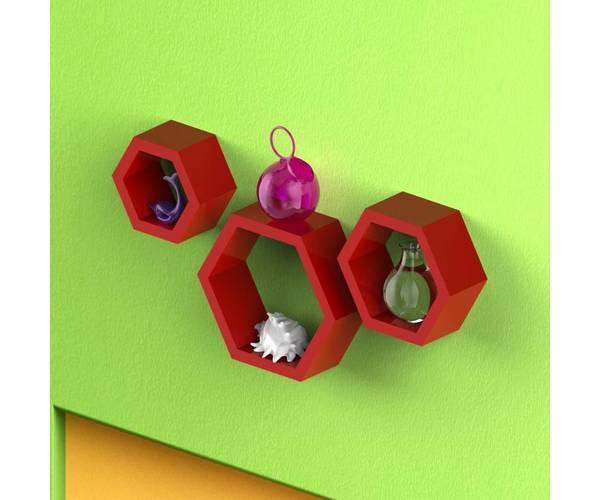 Hexagonal Shape Wooden Floating Wall Shelves Set of 3 in living room - WoodenTwist