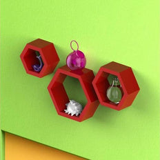 Hexagonal Shape Wooden Floating Wall Shelves Set of 3 in living room - WoodenTwist