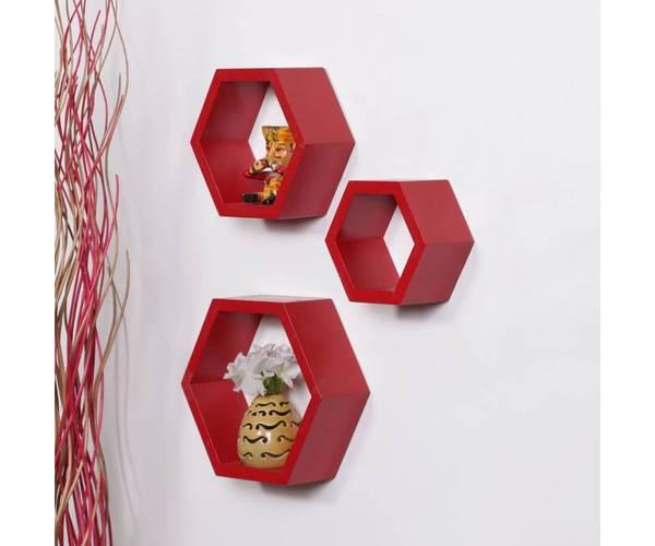 Hexagonal Shape Wooden Floating Wall Shelves Set of 3 - WoodenTwist