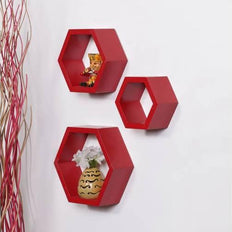 Hexagonal Shape Wooden Floating Wall Shelves Set of 3 - WoodenTwist