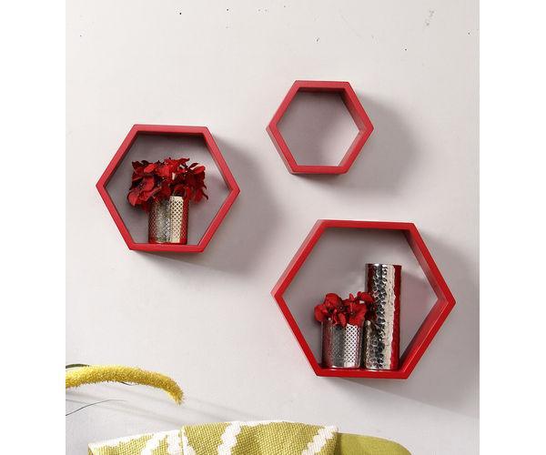 Hexagonal Shape Wooden Floating Wall Shelves Set of 3 (Red) - WoodenTwist