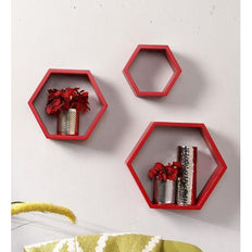 Hexagonal Shape Wooden Floating Wall Shelves Set of 3 (Red) - WoodenTwist