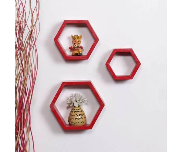 Hexagonal Shape Wooden Floating Wall Shelves Set of 3 - WoodenTwist