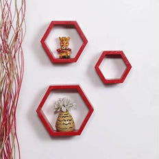 Hexagonal Shape Wooden Floating Wall Shelves Set of 3 - WoodenTwist