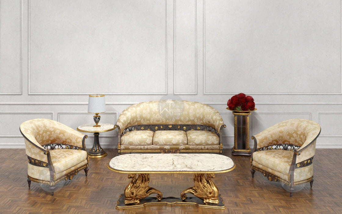 Royal Antique Golden Carved 5 Seater Sofa Set With Table - WoodenTwist