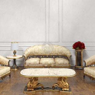 Royal Antique Golden Carved 5 Seater Sofa Set With Table - WoodenTwist