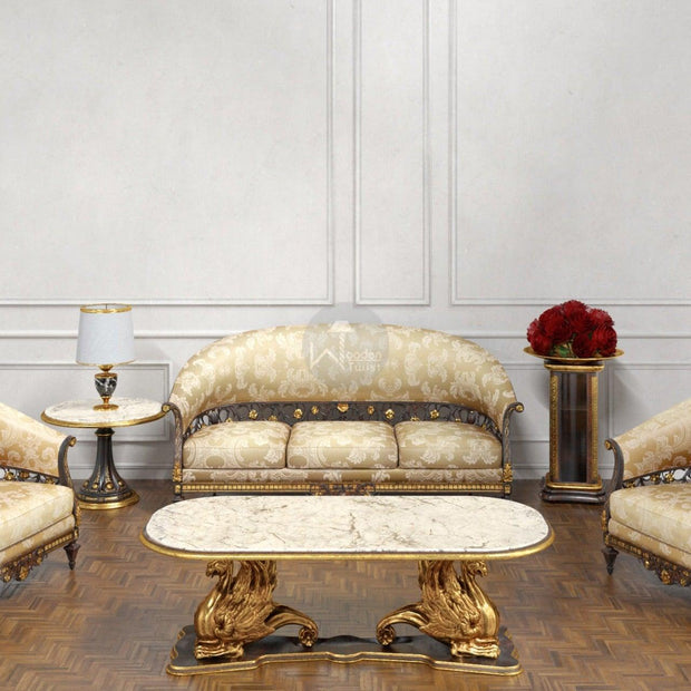 Royal Antique Golden Carved 5 Seater Sofa Set With Table - WoodenTwist