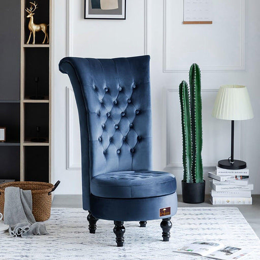 Wooden Wide Tufted Velvet High Back Throne Armless Chair with Storage (Blue) - WoodenTwist