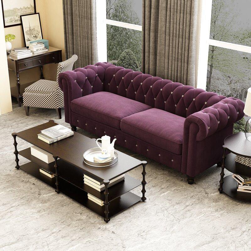 Graceful 3 Seater Velvet Rolled Arm Chesterfield Sofa - WoodenTwist