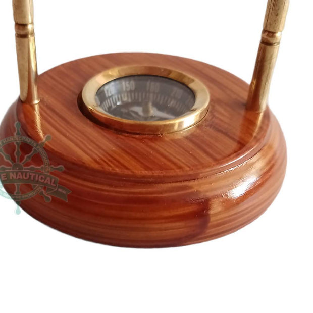 Brass Antique Sand Timer with Compass On Wooden Base Hour Glass Clock - WoodenTwist