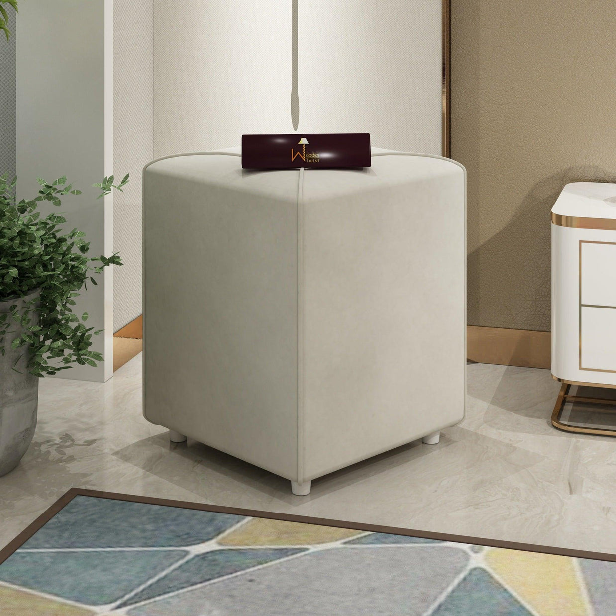 Stool for Living Room Soft Fabric Comfortable Cushion Ottoman Stool (Beige) - WoodenTwist
