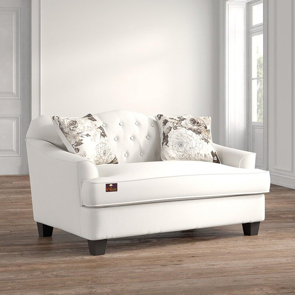 Wooden Recessed Arm Loveseat Sofa 2 Seater, Beige (Walnut Legs) - WoodenTwist