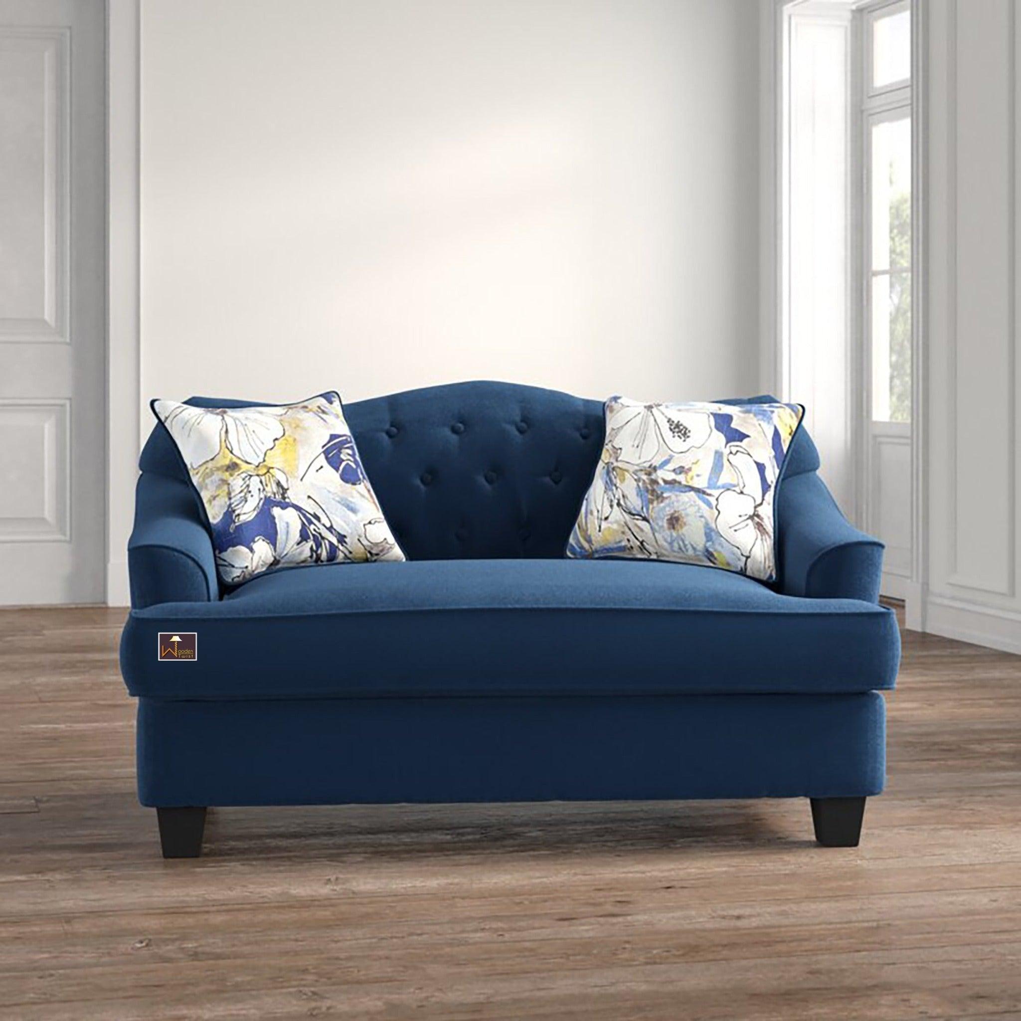 Wooden Recessed Arm Loveseat Sofa 2 Seater Blue (Walnut Legs) - WoodenTwist