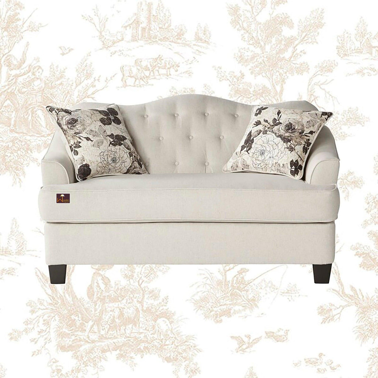 Wooden Recessed Arm Loveseat Sofa 2 Seater, Beige (Walnut Legs) - WoodenTwist