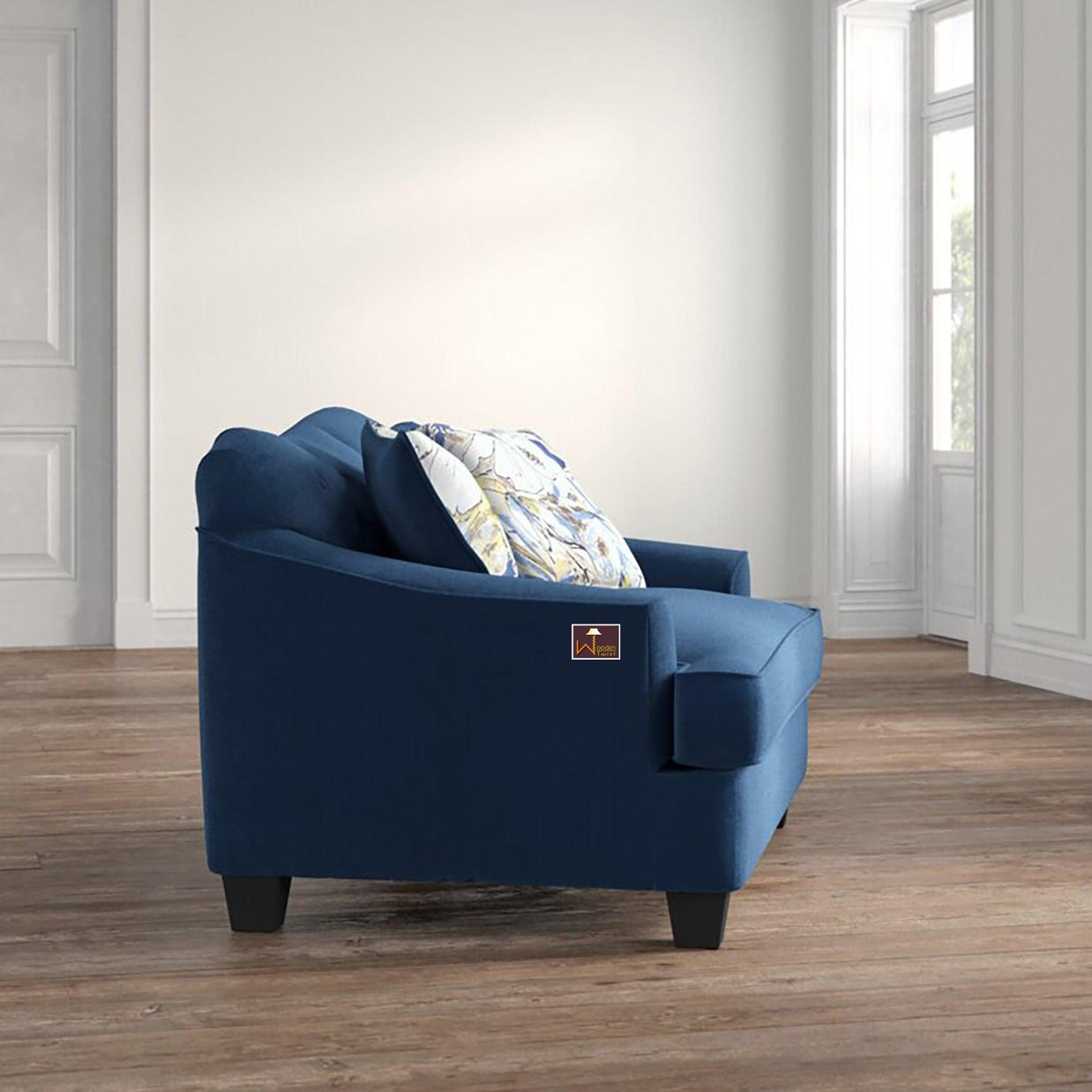 Wooden Recessed Arm Loveseat Sofa 2 Seater Blue (Walnut Legs) - WoodenTwist
