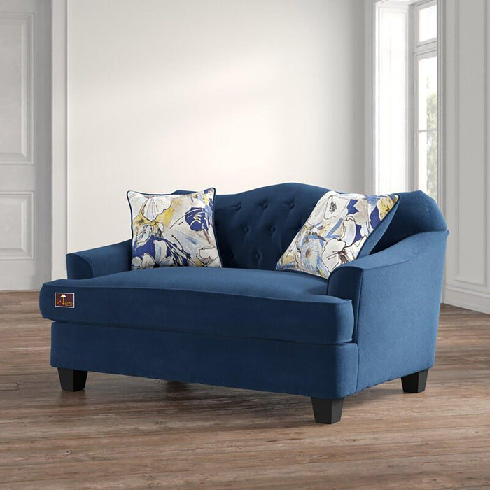 Wooden Recessed Arm Loveseat Sofa 2 Seater Blue (Walnut Legs) - WoodenTwist