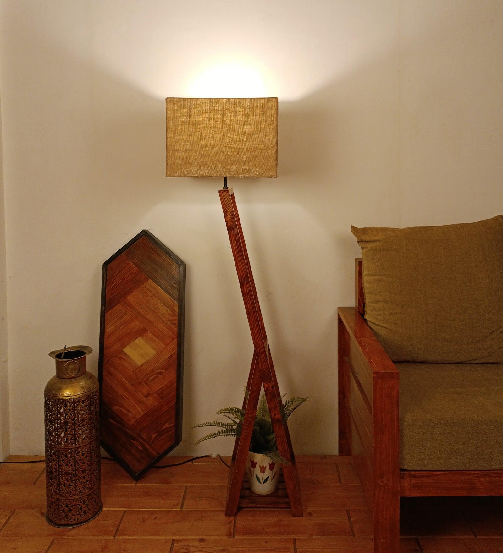 Bezalel Wooden Floor Lamp with Brown Base and Beige Fabric Lampshade - WoodenTwist