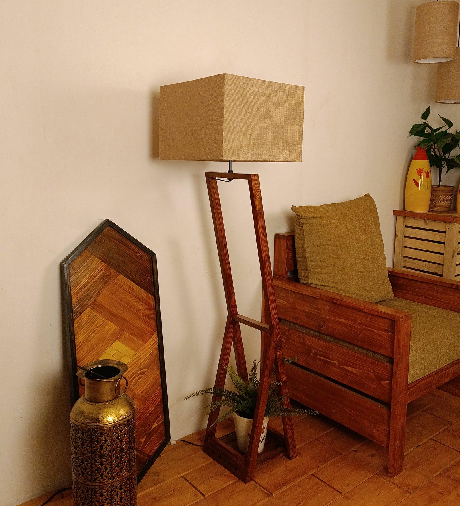 Bezalel Wooden Floor Lamp with Brown Base and Beige Fabric Lampshade - WoodenTwist