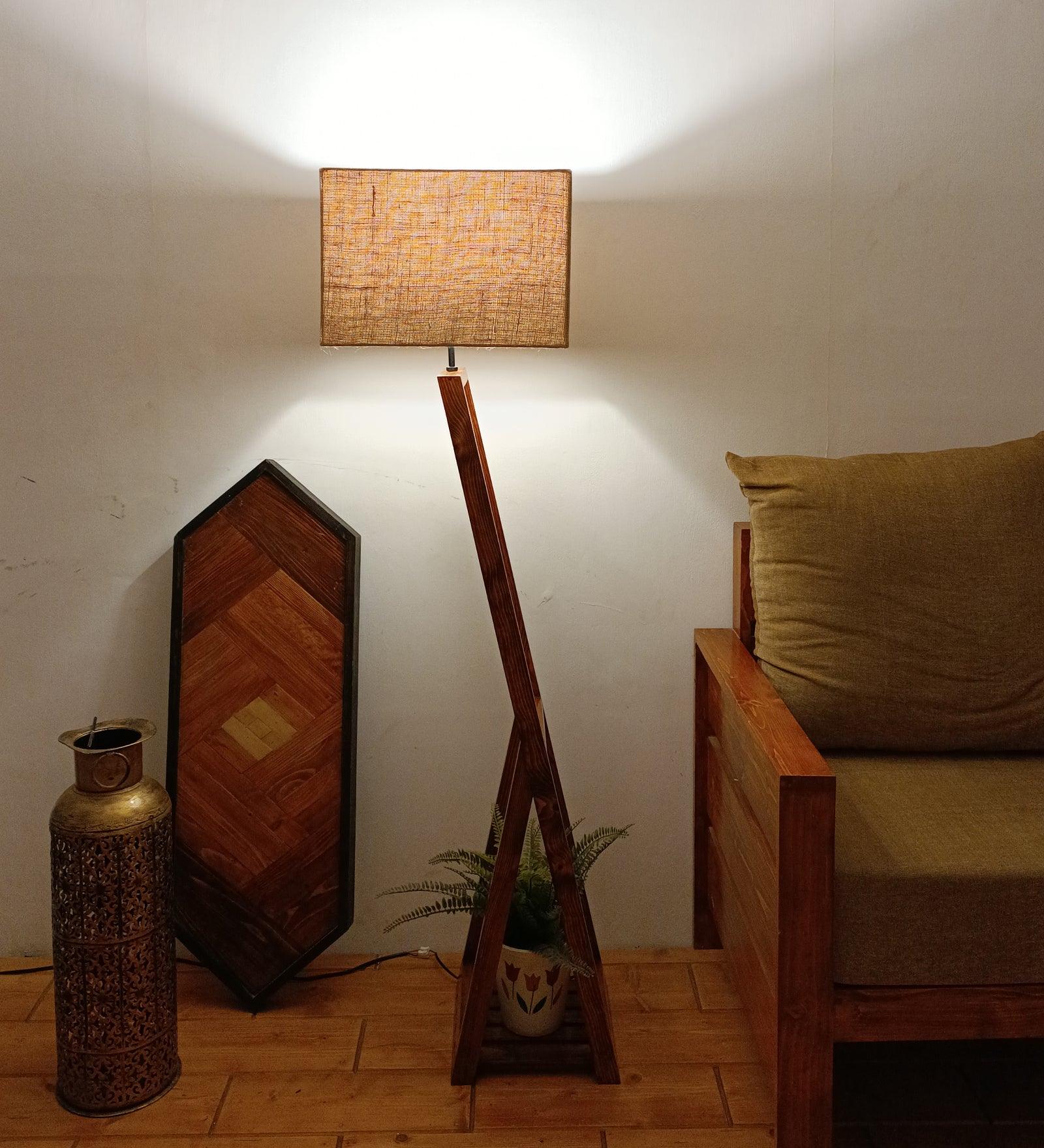 Bezalel Wooden Floor Lamp with Brown Base and Beige Fabric Lampshade - WoodenTwist