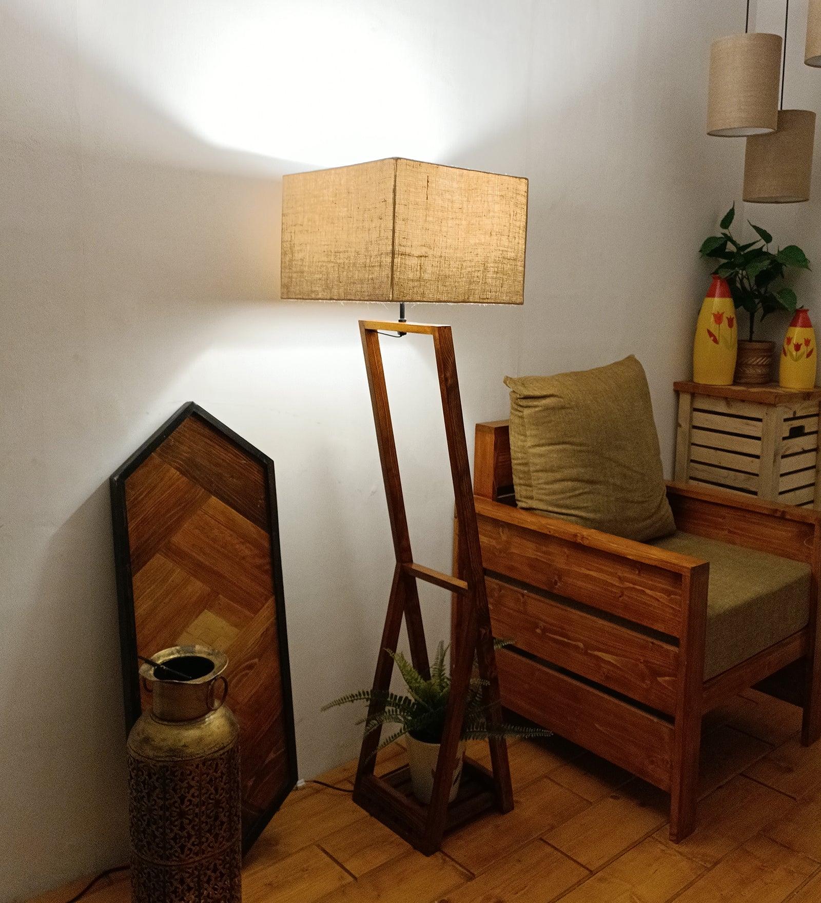 Bezalel Wooden Floor Lamp with Brown Base and Beige Fabric Lampshade - WoodenTwist