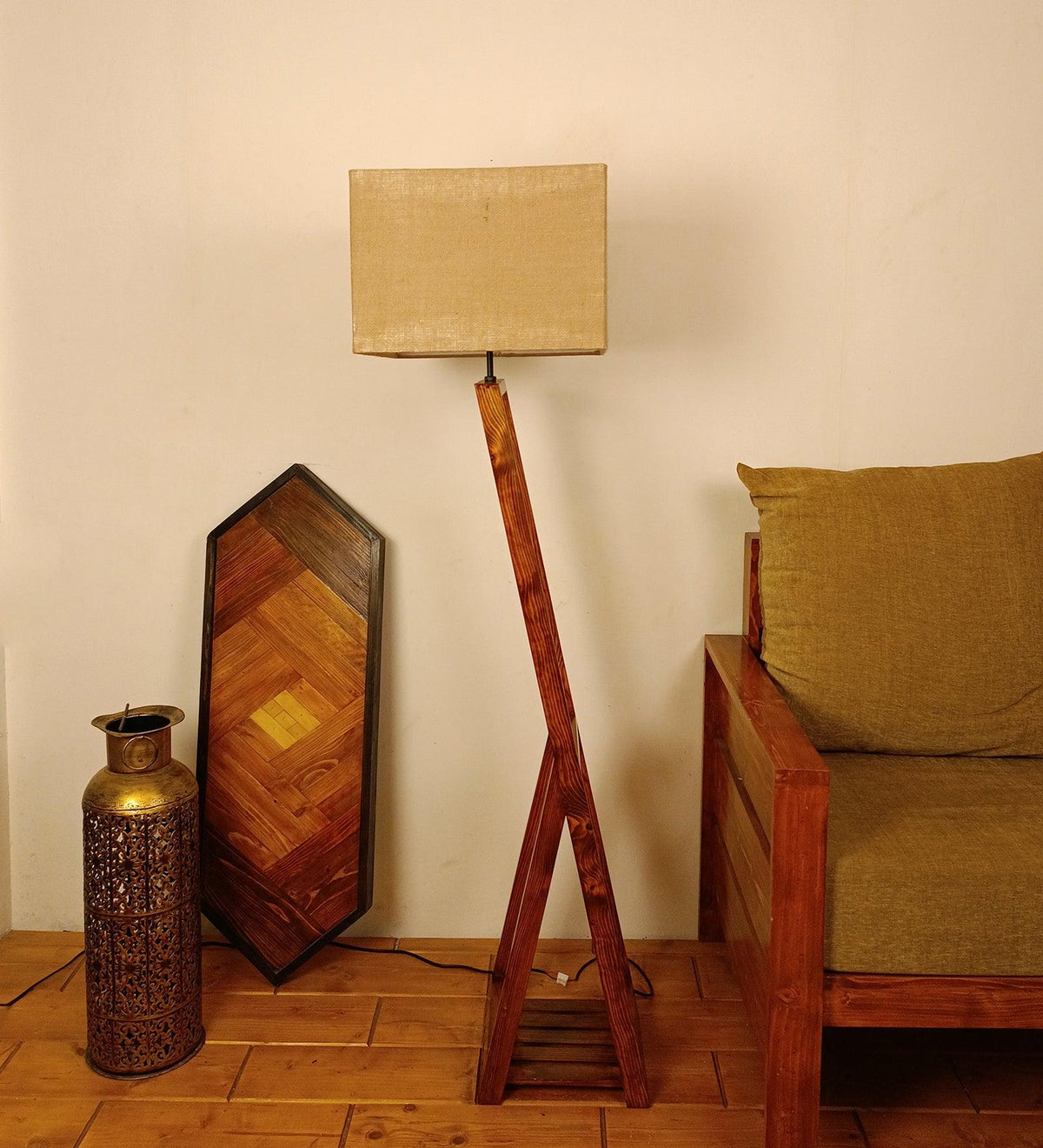 Bezalel Wooden Floor Lamp with Brown Base and Beige Fabric Lampshade - WoodenTwist