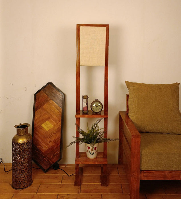 Biped Wooden Floor Lamp with Brown Base and Beige Fabric Lampshade - WoodenTwist