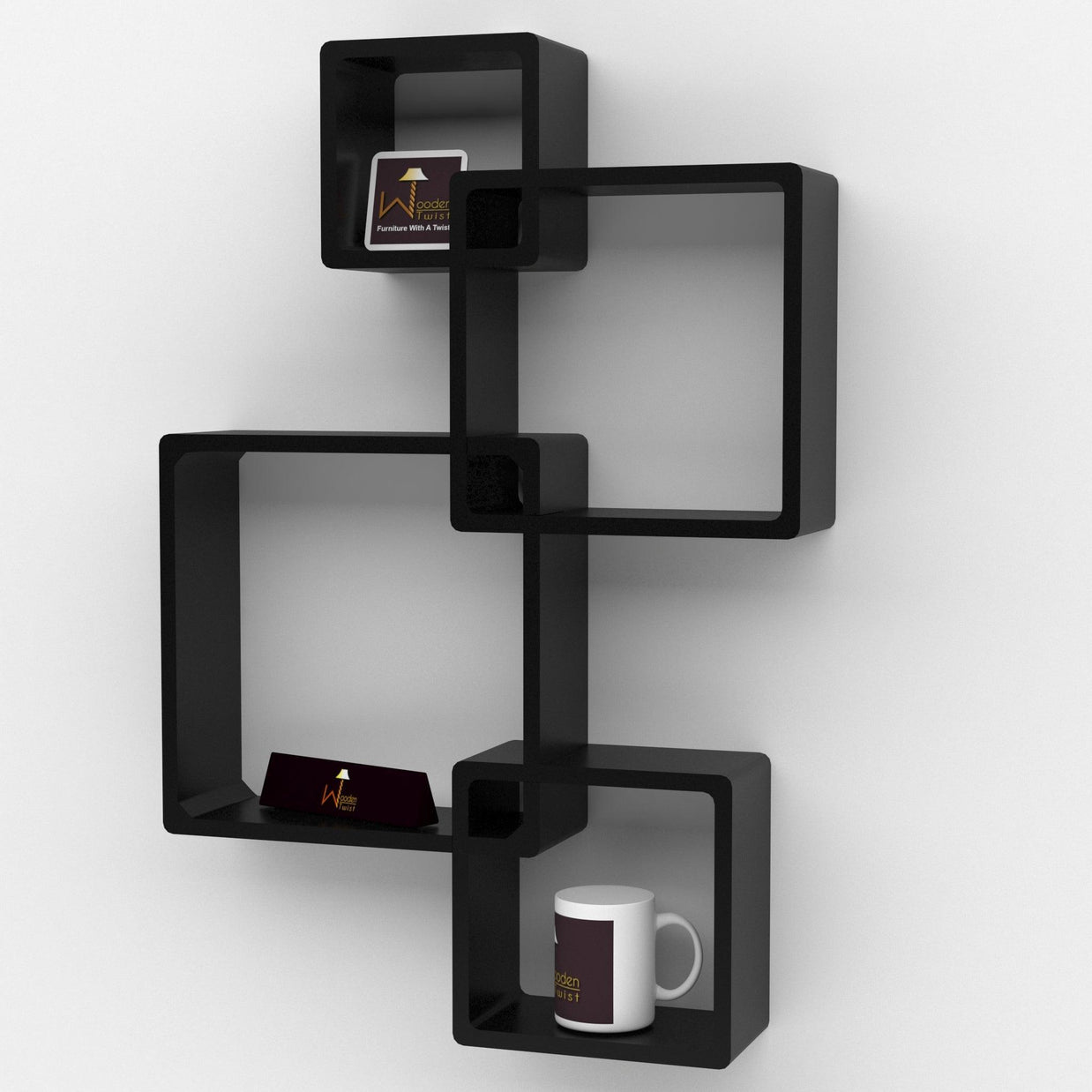 Rafuf Intersecting Floating Wall Shelves in Black holding books