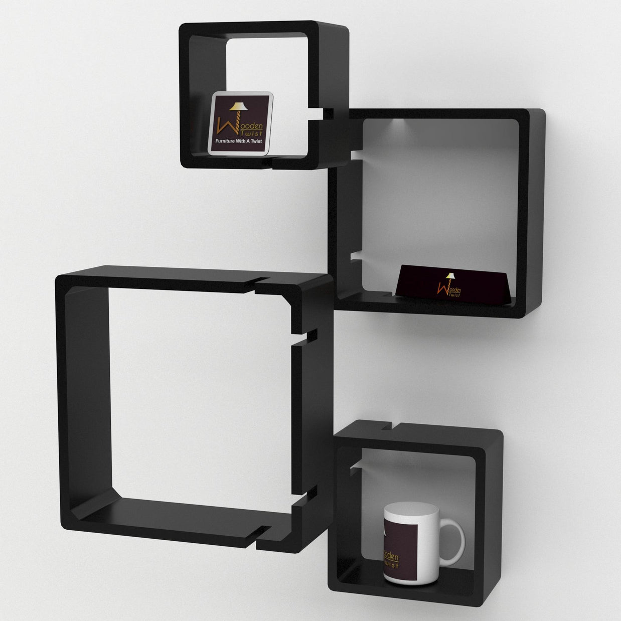Rafuf Intersecting Floating Wall Shelves in Black, close up detail