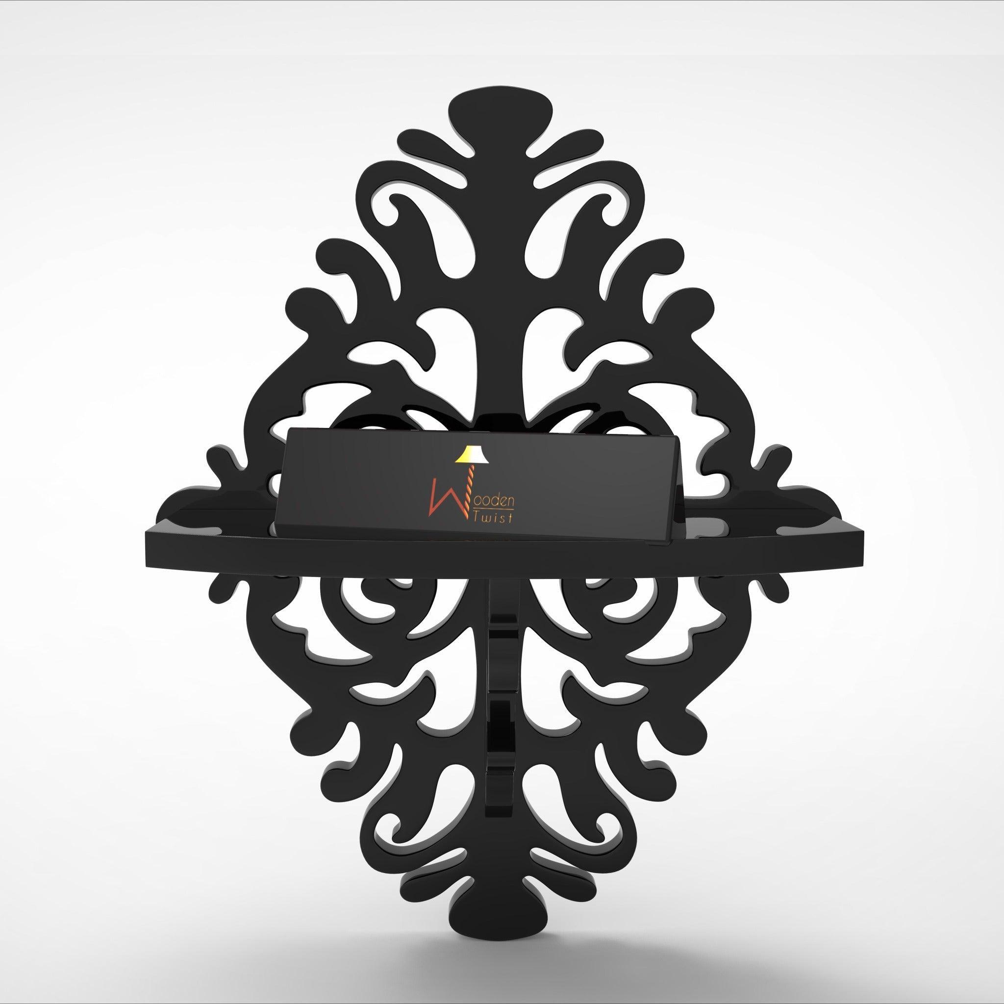Black MDF floating wall shelf styled view