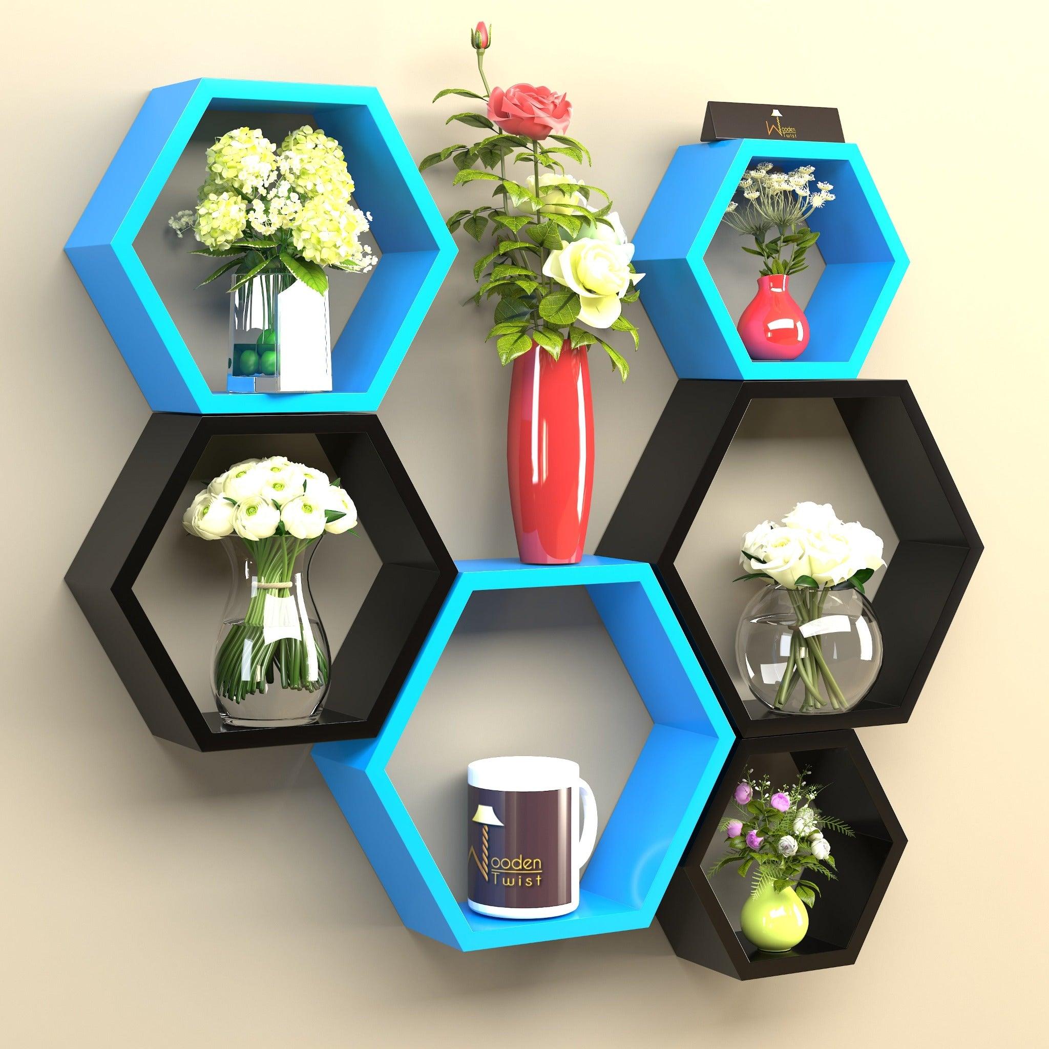 Hexagonal Shape Wooden Floating Wall Shelves (Set of 6) - WoodenTwist