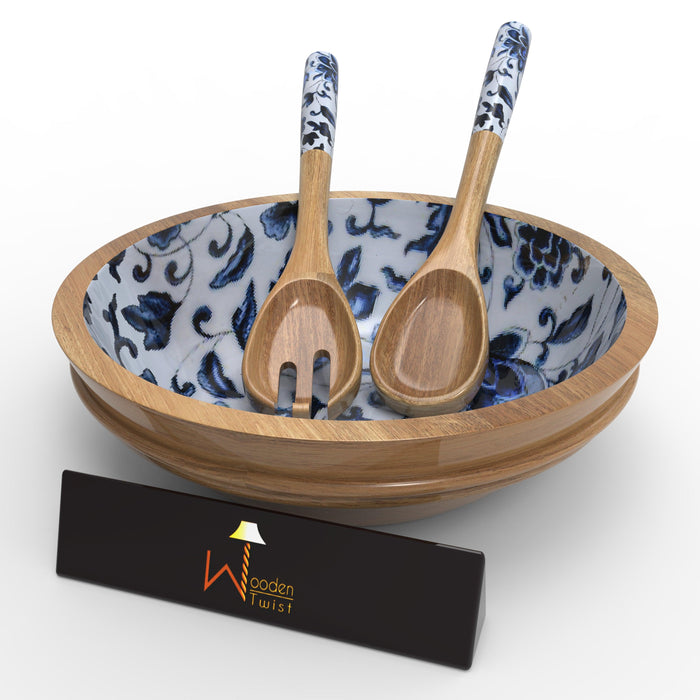 Wooden Bowl for Salad, Fruits, Cereal or Pasta, with 1 Spoon And 1 Fork - WoodenTwist