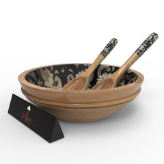 Wooden Bowl for Salad, Fruits, Cereal or Pasta, with 1 Spoon And 1 Fork (Multicolor) - WoodenTwist