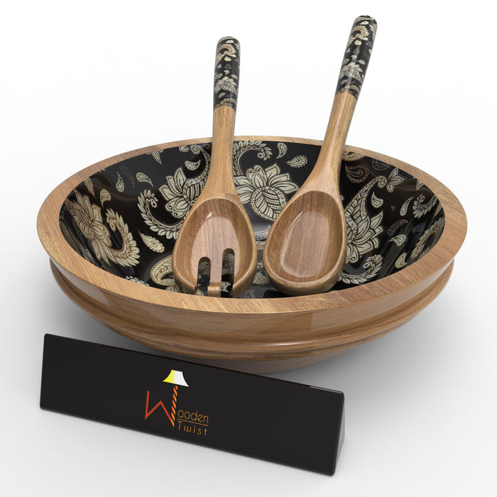 Wooden Bowl for Salad, Fruits, Cereal or Pasta, with 1 Spoon And 1 Fork (Multicolor) - WoodenTwist