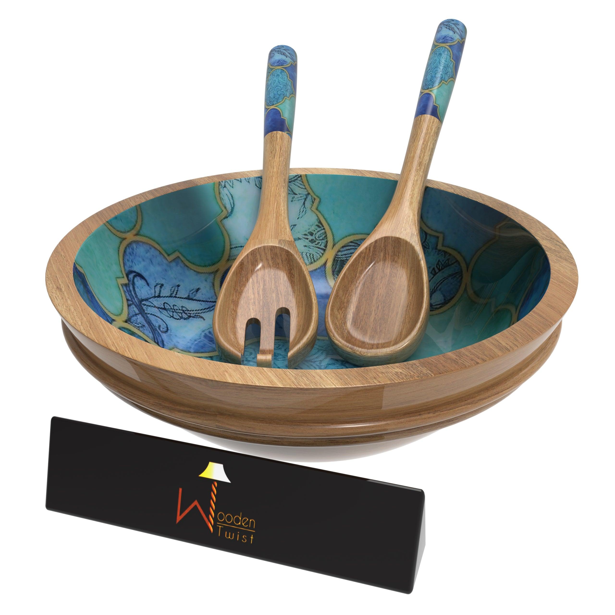 Wooden Bowl for Salad, Fruits, Cereal or Pasta, with 1 Spoon And 1 Fork - WoodenTwist