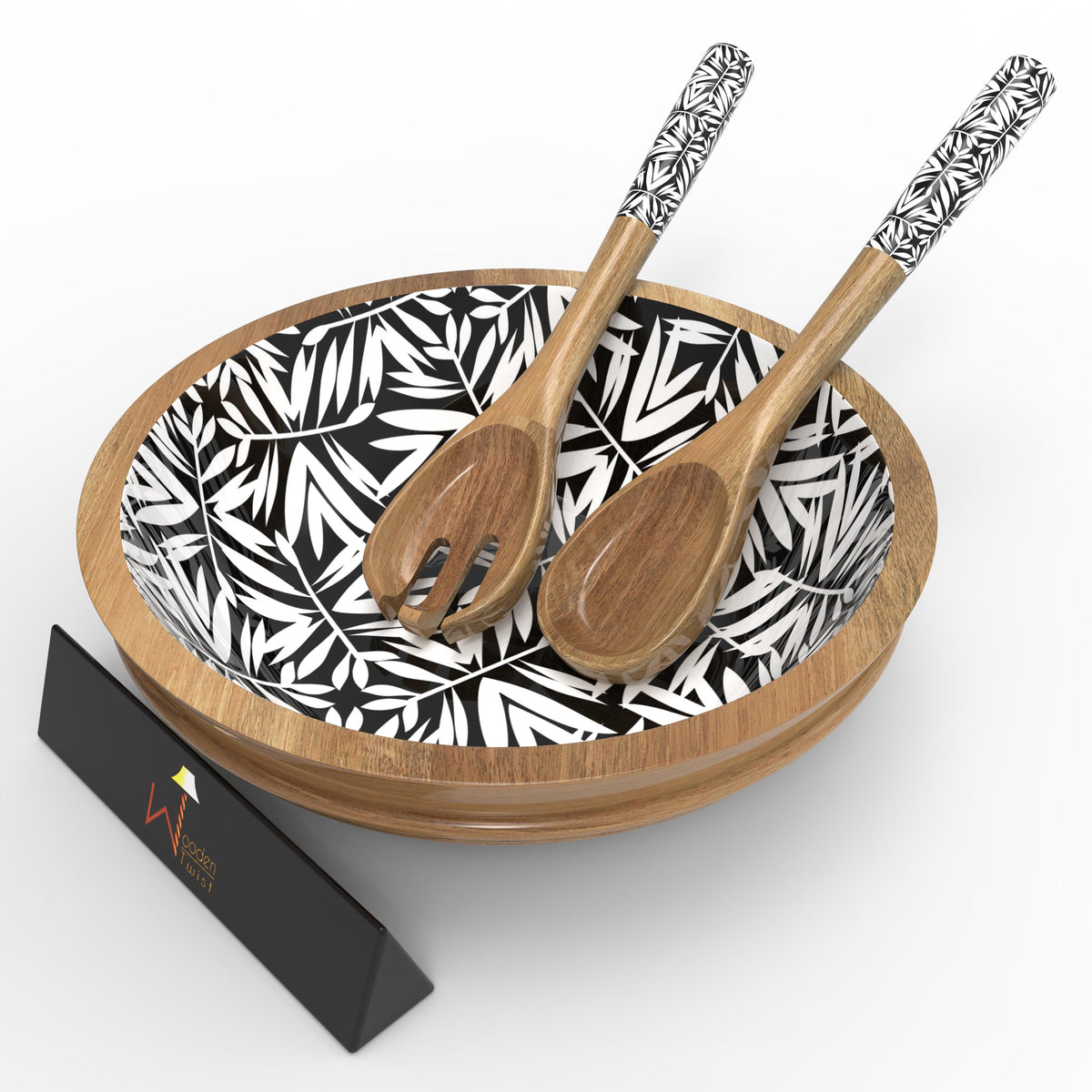 Wooden Bowl for Salad, Fruits, Cereal or Pasta, with 1 Spoon And 1 Fork (Black & White) - WoodenTwist