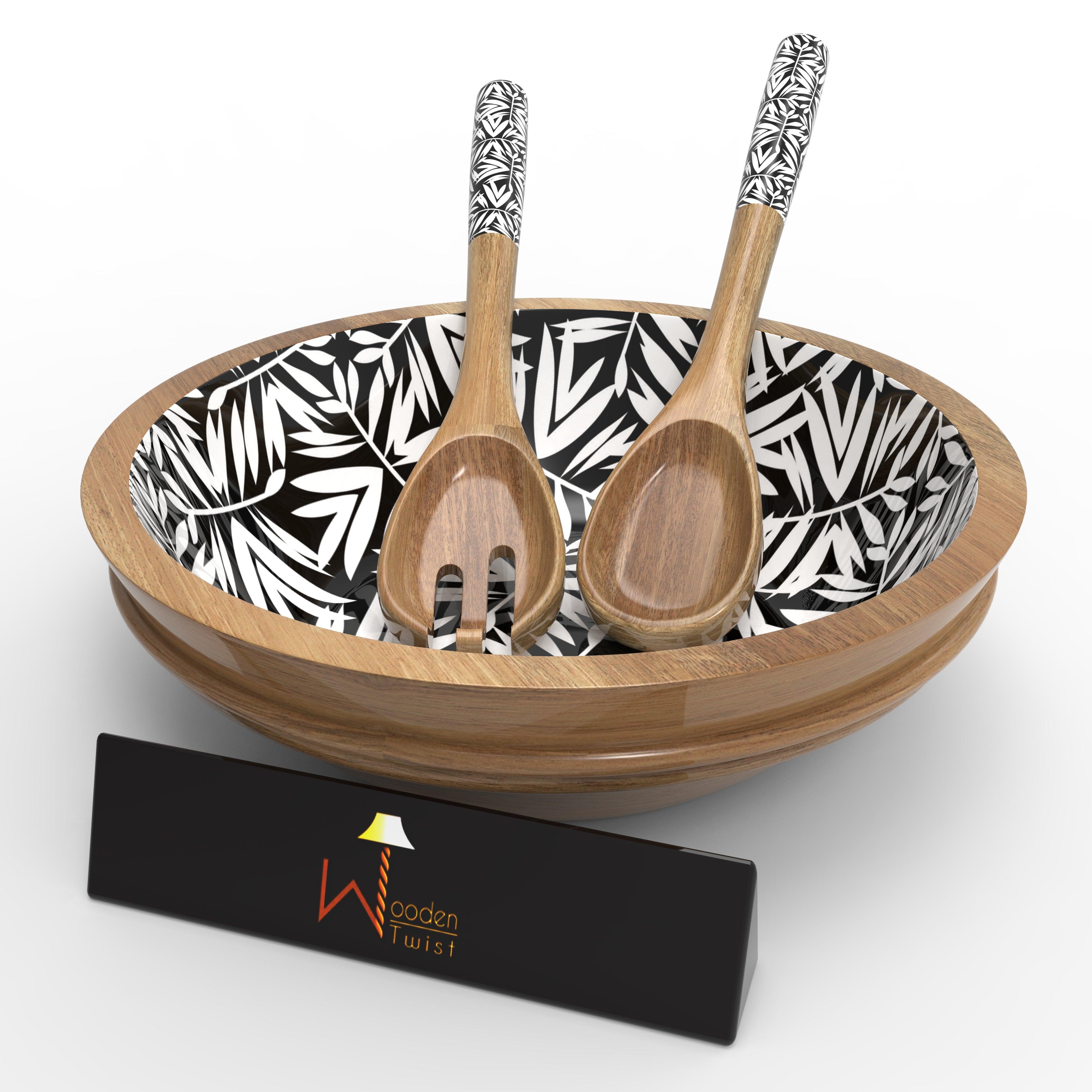 Wooden Bowl for Salad, Fruits, Cereal or Pasta, with 1 Spoon And 1 Fork (Black & White) - WoodenTwist