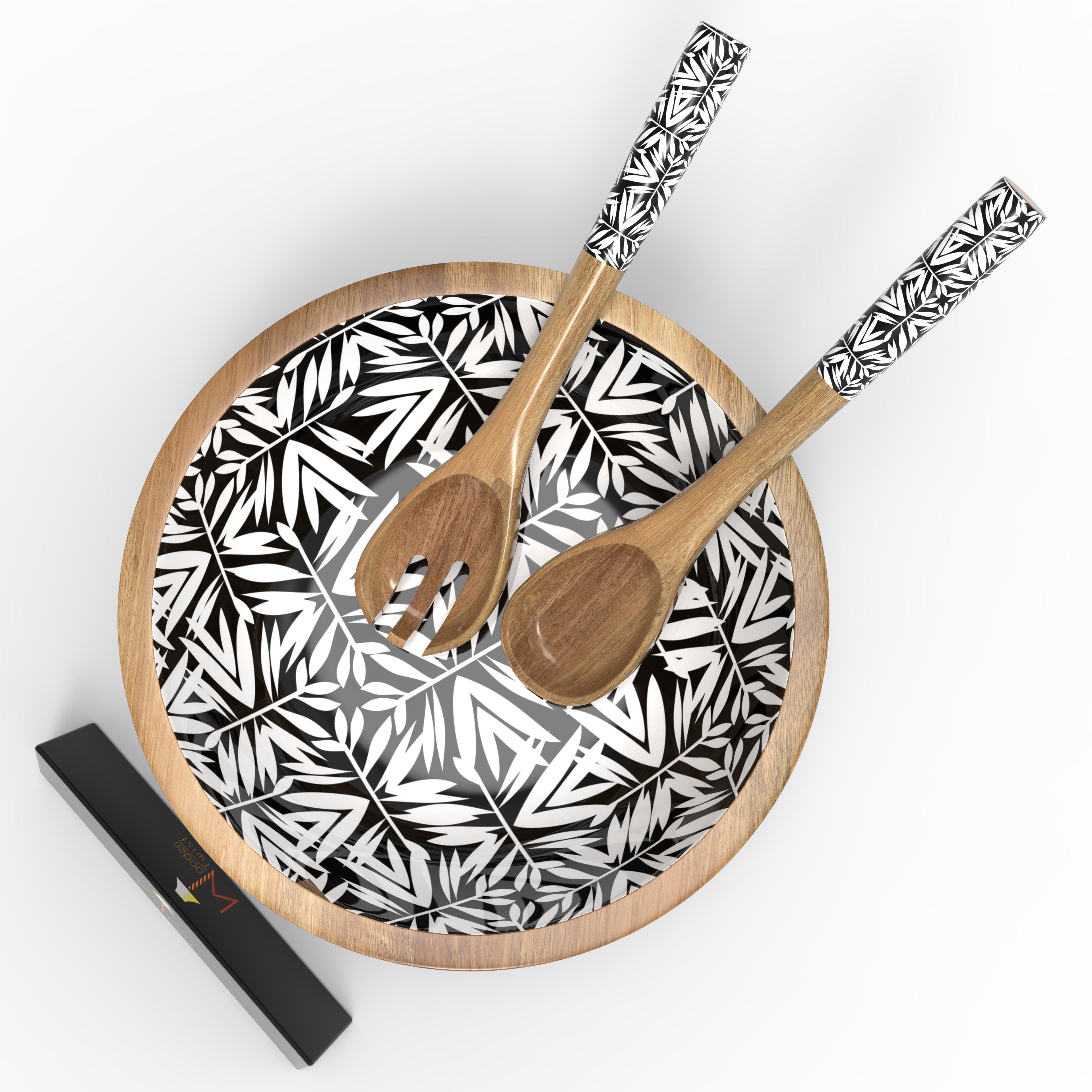 Wooden Bowl for Salad, Fruits, Cereal or Pasta, with 1 Spoon And 1 Fork (Black & White) - WoodenTwist