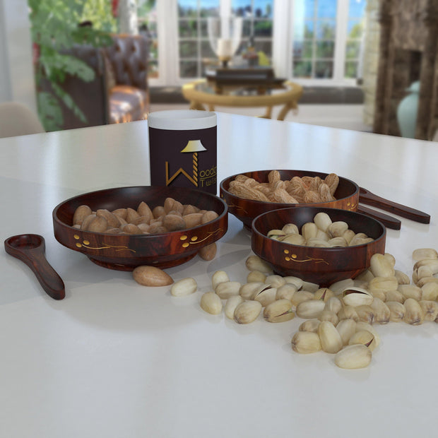 Premium Sheesham Wood Bowl Set with 3 Tea Spoons in Brown
