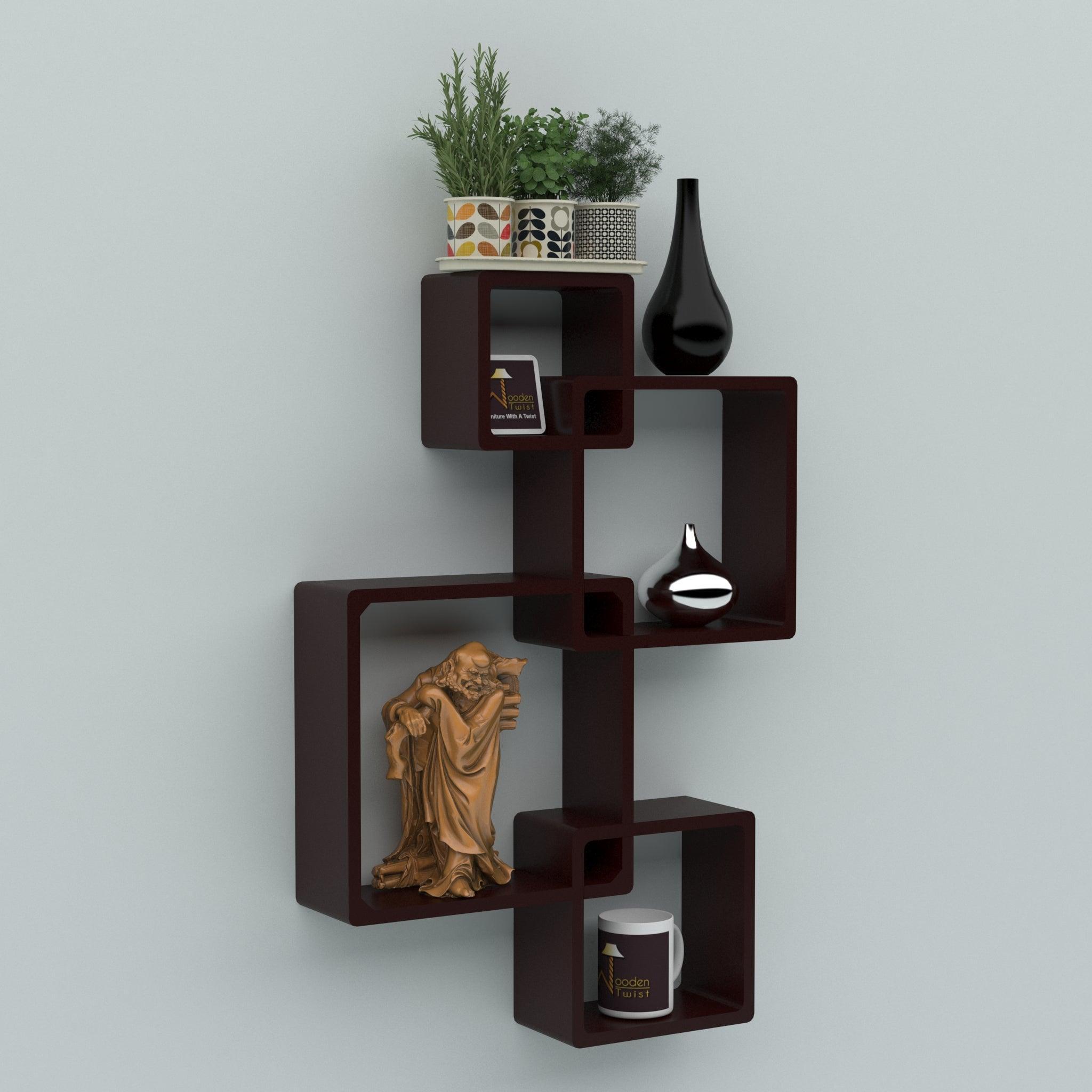 Rafuf Intersecting Floating Wall Shelves Set of 4 in Brown